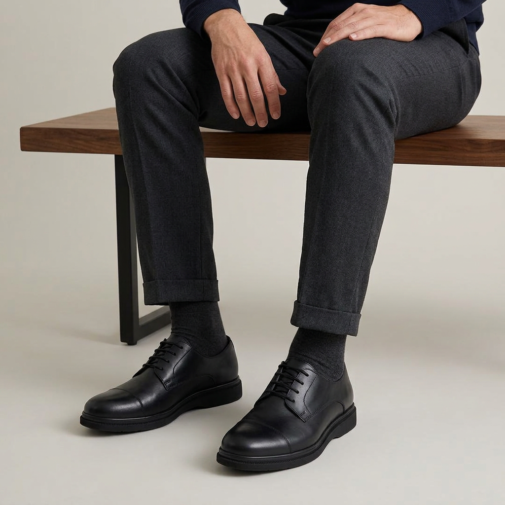 Chaussures Avanda noires portées par un homme assis sur un banc en bois