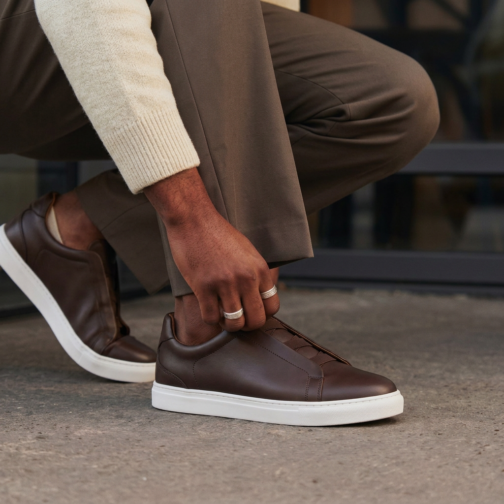 Urbano marron porté avec un pantalon taupe, style urbain