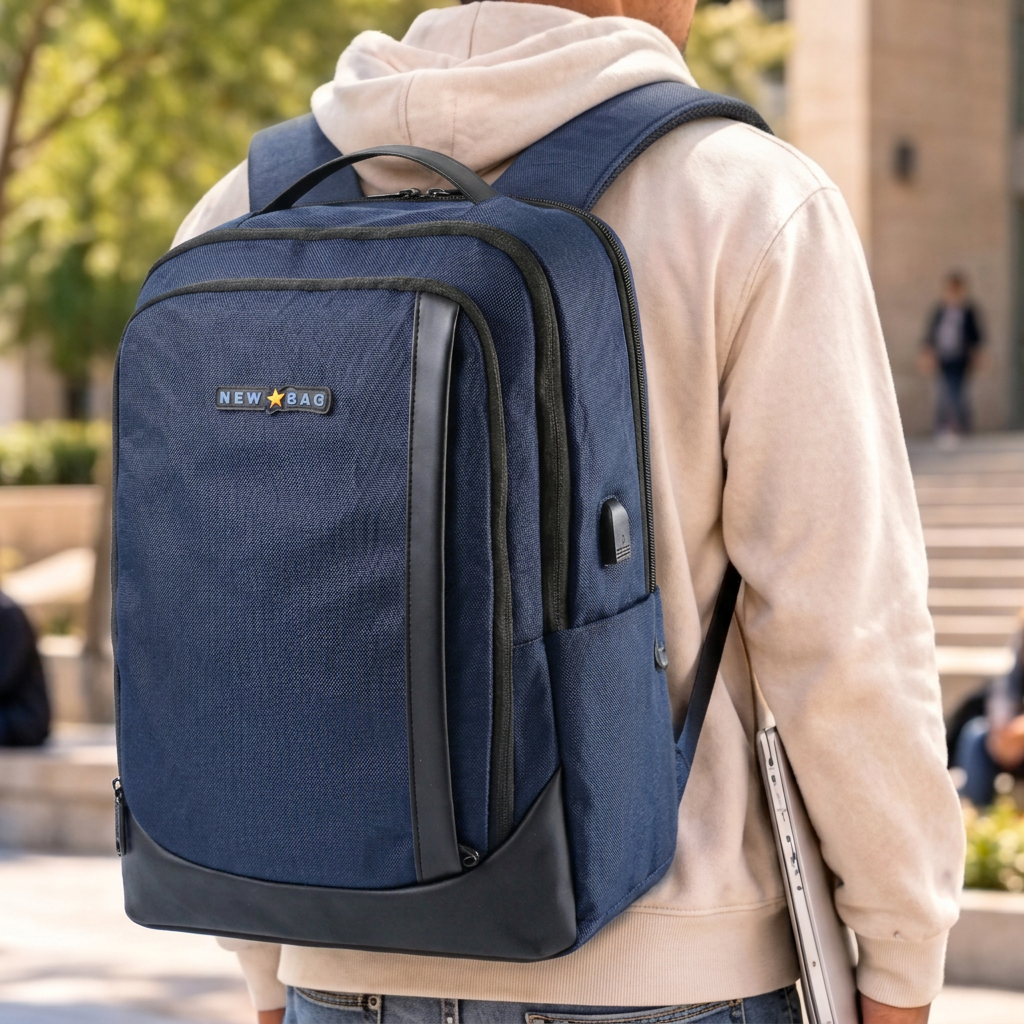 Sac à dos bleu porté avec un hoodie beige, photo améliorée