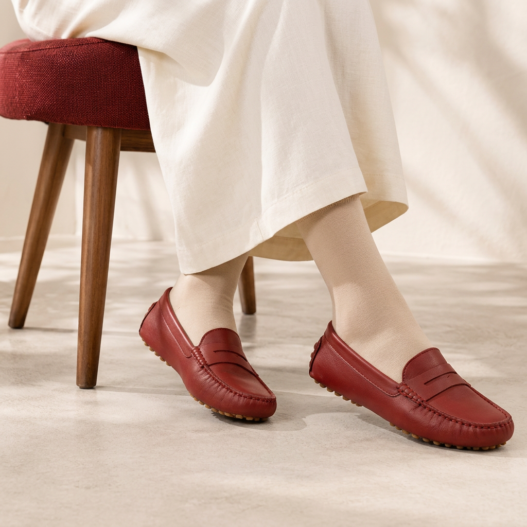 Mocassins Alba bordeaux portés avec chaussettes beiges lisses et robe ivoire longue, sur une chaise rouge.